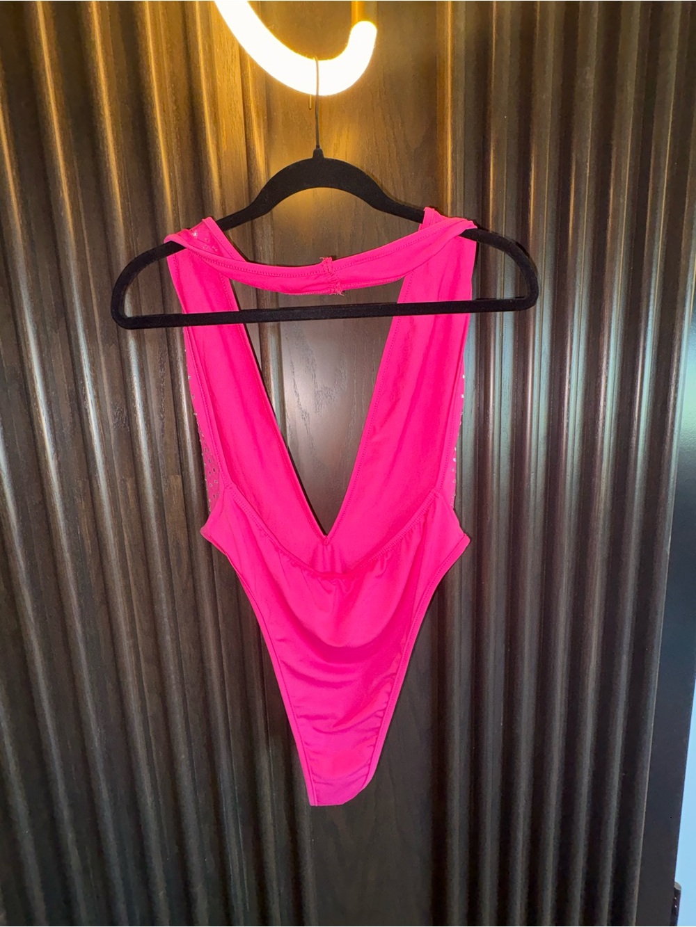 Studded Hot Pink Deep V Sleeveless Bodysuit - Picture 8 of 8
